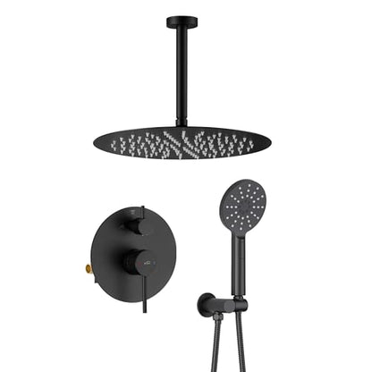 Circular Ceiling Mounted Shower System with 2-Function Faucet Set | Solid Brass Pressure Balanced Valve | Anti-Scald Design for Reliable Water Temperature Control (Matte Black Finish, KSF408) - color: Matte Black