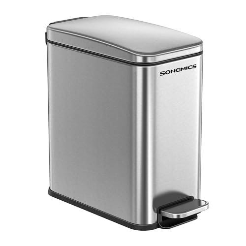 SONGMICS Bathroom Trash Can, 2.6 Gallon (10 L) Small Trash Bin with Lid, Slim for Small Spaces, Stainless Steel Garbage Can, Soft Close, Silver ULTB561E10 - color: Silver, style: 2.6 Gal.