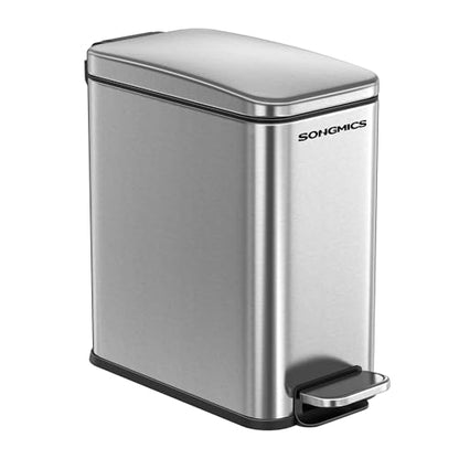 SONGMICS Bathroom Trash Can, 2.6 Gallon (10 L) Small Trash Bin with Lid, Slim for Small Spaces, Stainless Steel Garbage Can, Soft Close, Silver ULTB561E10 - color: Silver, style: 2.6 Gal.