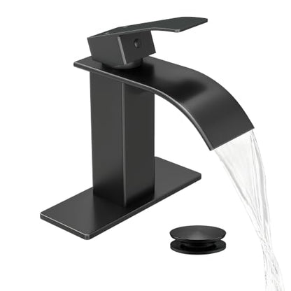 Waterfall Single Handle Bathroom Sink Faucet with Drain Black | Matte Black Vanity Faucet with Pop-up Drain, Ceramic Valve, for 1 or 3 Hole Modern Bathrooms. - color: Matte Black