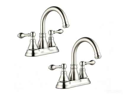 Brushed Nickel 4 Inch Centerset Bathroom Faucet 3 Hole with Drain,2 Pack | Derengge High Arc Classic 2-Handle Bathroom Faucet, Vanity Lavatory Faucet with 360° Swivel Spout，BF-4501D-BN - color: Brushed NickelX2