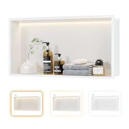 Qeke 24" X 12" Stainless Steel Shower Niche w/ 3 CCT Dimmable Light, White | No Tile Needed Wall Niche, Recessed Niche w/ Light(3000K/4000K/6000K), IP66 Waterproof, Space Saving & Durable - color: Matte White, size: 24" X 12"