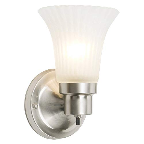 Design House Village Traditional 1-Light Indoor Dimmable Wall Sconce, Frosted Flute Glass, Twist On/Off Switch, Bathroom Bedroom Hallway, Satin Nickel, 8.25 in H x 5.1 in W, Uses 60W Bulb, 504977 | Dimmable, Wall Mount, Traditional, Steel, Lighting, 50497
