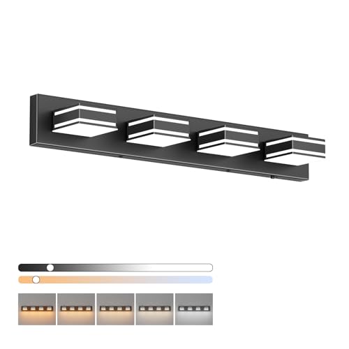 Ralbay 30inch Black Vanity Light for Bathroom with 5 Color Temperatures (3000K-6000K) Dimmable Metal Acrylic Modern LED Matte Black Bathroom Light Fixtures (4-Light) - color: Black-5 Color Temperature, size: 30 inch