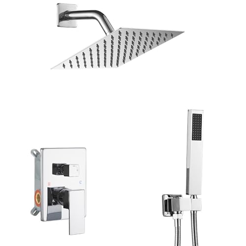 Shower System Polished Chrome Bathroom Rainfall Shower Faucet Set Complete Wall Mounted 6 Inch Shower Head and Handle Set with Rough-in Valve Body and Trim Kit - color: Polished Chrome, size: 6 Inch