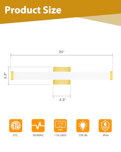 Bathroom Vanity Light Brushed Nickel Square LED 24 inch 14W 4000K Natural White Light Wall Bar Lighting Fixtures Over Mirror (Metal Brass, 24in) - color: Metal Brass, size: 24in