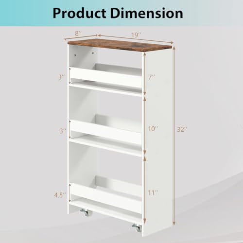 POWERSTONE 4-Tier Slim Storage Cart, Narrow Kitchen Rolling Cart w/Handle & Open Shelves, Skinny Slide Out Utility Organizer Trolley for Kitchen Bathroom Laundry Small Spaces White & Rustic Brown - color: White & Rustic