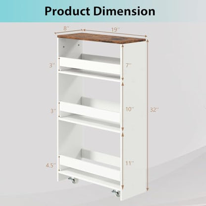 POWERSTONE 4-Tier Slim Storage Cart, Narrow Kitchen Rolling Cart w/Handle & Open Shelves, Skinny Slide Out Utility Organizer Trolley for Kitchen Bathroom Laundry Small Spaces White & Rustic Brown - color: White & Rustic
