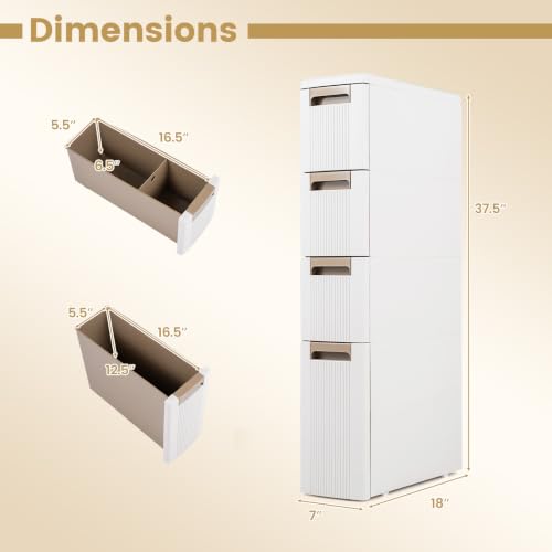 Byroce 4-Tier Narrow Storage Cabinet with Wheels, Slim Rolling Plastic Drawer Organizer with Removable Dividers, Skinny Storage Cart for Small Spaces, Bathroom & Kitchen (1PC, 4-Drawer), Beige - size: 4-Drawer