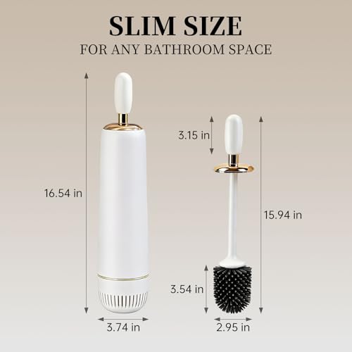 Toilet Brush and Holder Set,Toilet Bowl Brush with Long Handle, High-End Modern Silicone Toilet Brush Set, Non-Scratch Hygienic, Odor-Free Design (Matte White + Gold, B) - color: Matte White + Gold