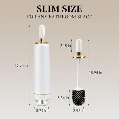Toilet Brush and Holder Set,Toilet Bowl Brush with Long Handle, High-End Modern Silicone Toilet Brush Set, Non-Scratch Hygienic, Odor-Free Design (Matte White + Gold, B) - color: Matte White + Gold