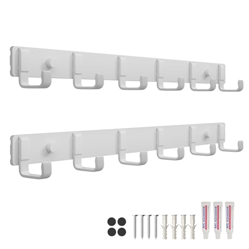 16" Heavy Duty Wall Mount Coat Rack with 6 Hooks, 2-Pack (White) | Strong Glue or Screw Mount，coat hanger for hanging Coats, Hats, Jackets & Bags in Entryway, Bedroom, Bathroom or Closet - color: White - 2 Pack