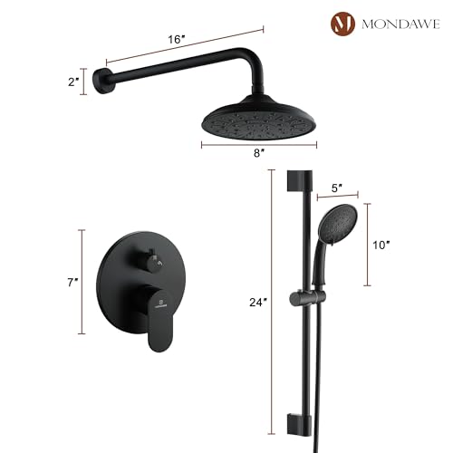 MONDAWE 8 Inch Wall Mounted Shower Faucet Set in Matte Black, Rainfall Shower Head with 3-Setting Handheld Spray Shower Set Combo, High Pressure Shower System with Solid Brass Valve - color: Matte Black, style: 8 IN - Without Tub Spout