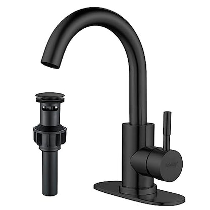 Matte Black Bathroom Sink Faucet Single Hole, Modern Single Handle Bathroom Faucet Commercial Stainless Steel Bar Faucet Laundry Sink Faucet with Drain - color: Matte Black, size: With drain