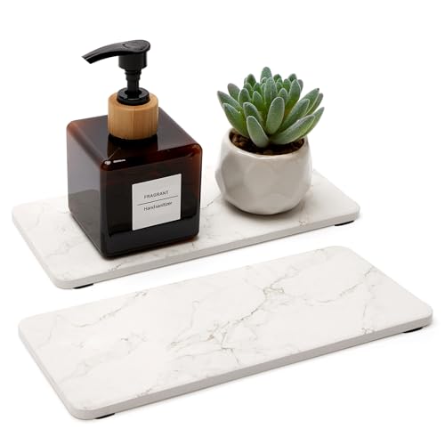 2 Water Absorbing Stone Drying Trays for Bathroom Sink Kitchen Soap Counter | Soap Dish Dispenser Sponge Holder White Ceramic Bathroom Vanity Quick Dry Stone Mat for Kitchen Sink Marble Diatomite Tray - color: White Marble