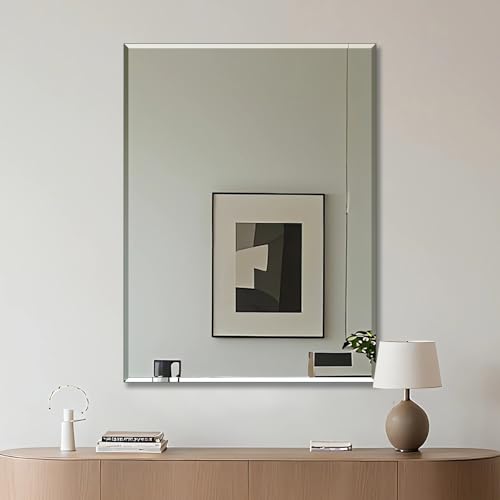 Ruomeng Frameless Mirror for Wall, 48x36 Inch Bathroom Vanity Mirror Farmhouse, Large Rectangle Mirror with Beveled Edge, Tempered Glass, Hangs Horizontally or Vertically - size: 48"L x 36"W