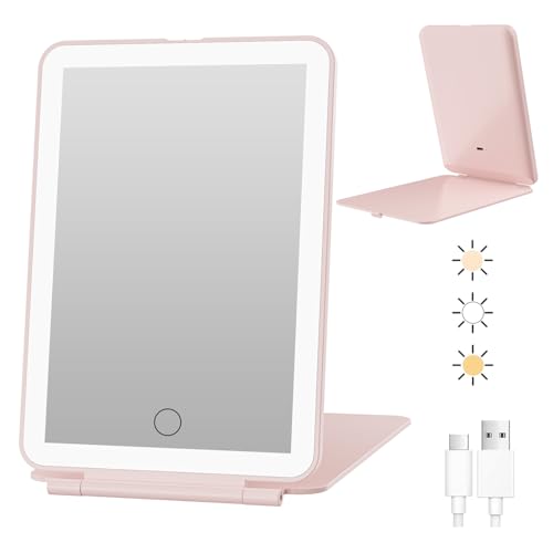 FUNTOUCH Rechargeable Travel Makeup Mirror with 72 Led Lights | Portable Lighted Makeup Mirror, 3 Color Lighting, Dimmable Touch Screen, Type C, Tabletop Folding Cosmetic Vanity Mirror Pink - color: Pink