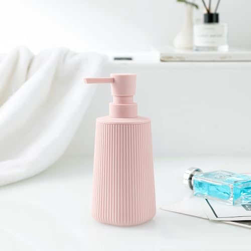 YAUKPH Small Soap Dispenser for Bathroom and Kitchen Matte Pink for Girls | Modern Farmhouse Striped Style Plastic Hand Soap Dish Soap Dispenser with Pump - color: Light Pink