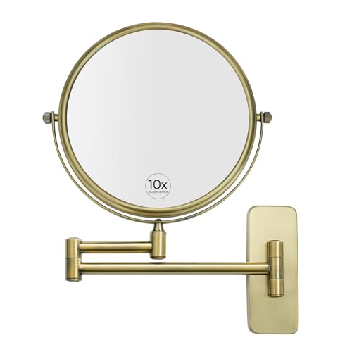 GURUN 8-Inch Double-Sided Wall Mount Makeup Mirrors with 10x Magnification Bathroom Mirror for Hotel Antique Satin Brass Finished M1406K(8in,10X), Gifts for Mom, Mothers Day, Women - color: Antique Satin Brass - 10x, size: 11.8"L x 16.3"W