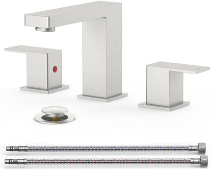 QFN Bathroom Faucet 3 Hole 8 Inch Widespread for Vanity Sink Brushed Nickel | Two Handles Bathroom Sink Faucet Lead-Free Square Design with Supply Lines, 4-12 Inch 3 Hole Install, for RV Vanity Laundry - color: Brushed Nickel, style: Square