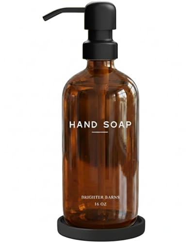 Amber Glass Hand Soap Dispenser Bathroom Set by Brighter Barns - Refillable Liquid Hand Soap Dispenser Tray and Pump Set for Kitchen - Modern Bathroom Decor & Accessories for Airbnb, RV, Hotel (Amber) - color: Amber H