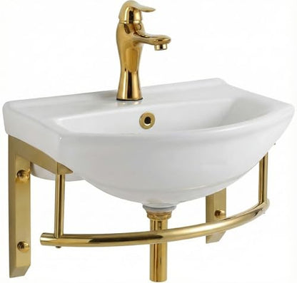 Renovators Supply Ridge 17 3/4 in. Wall Mount Bathroom Sink Combo Brass PVD | Grade A Vitreous China, Solid Brass Faucet, Pop Up Drain, Stainless Steel Towel Bar, Overflow - color: Brass