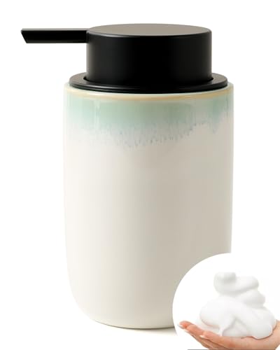 BosilunLife Hand Soap Dispenser for Kitchen, Bathroom Countertop | Foam Soap Dispenser Bathroom Ceramic Dish Liquid Soap Dispenser (White with Blue-Green Rim Foam Pump) - color: White With Blue-green Rim Foam Pump