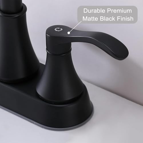 Lead-Free Antique 2 Handle Bathroom Sink Faucet, 360° Swivel High-Arc Spout 4-Inch Centerset Lavatory Vanity Faucets Set with Drain & Water Hoses, Matte Black