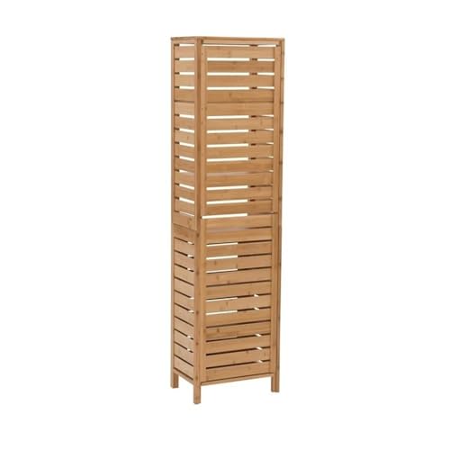 Tall Bamboo Cabinet, 6-Shelf Tower with Door, Natural Brown Finish, 61.75" H x 16.13" W x 11" D, Sturdy Linen Storage Organizer, Versatile Design for Bathroom or Home Use