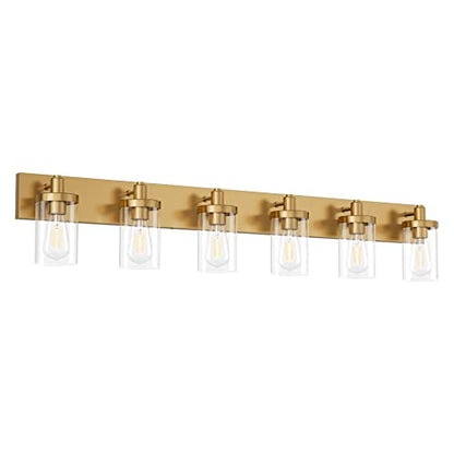 Aipsun Gold Bathroom Vanity Light Farmhouse Vanity Lighting Fixtures 6 Light 48in Bathroom Light Fixtures with Clear Glass Shade(Exclude Bulb) - color: Gold, size: 6-Light