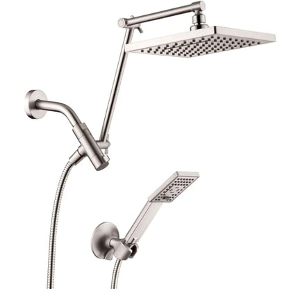 BRIGHT SHOWERS High Pressure Rain Shower Head Combo with Double Extension Arm, 8 Inch Rainfall Shower Head with Handheld Spray, Height Adjustable Dual Square Showerhead Set, Brushed Nickel - color: Brushed Nickel, style: Dual Shower Head with Extension Ar