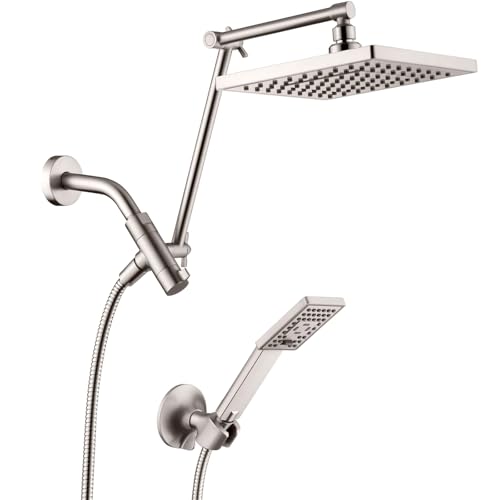 BRIGHT SHOWERS High Pressure Rain Shower Head Combo with Double Extension Arm, 8 Inch Rainfall Shower Head with Handheld Spray, Height Adjustable Dual Square Showerhead Set, Brushed Nickel - color: Brushed Nickel, style: Dual Shower Head with Extension Ar