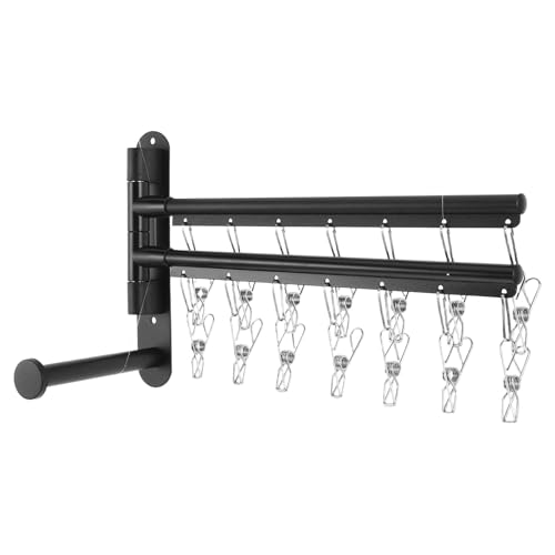 minkissy Folding Wall Mounted Clothes Hanger Rack and 360° Rotating Arms with 2-Tier Stainless Steel Multi Bars Windproof Clips and No-Drill Installation for Small Apartments and Laundry