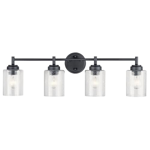 Kichler Winslow 4-Light Farmhouse Vanity Light, Black | Clear seeded glass vanity light with industrial styling (30" x 9.25" x 6.5"), 45887BK - color: Black, size: 30"