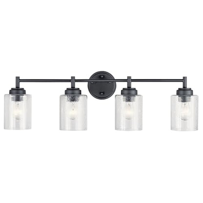 Kichler Winslow 4-Light Farmhouse Vanity Light, Black | Clear seeded glass vanity light with industrial styling (30" x 9.25" x 6.5"), 45887BK - color: Black, size: 30"
