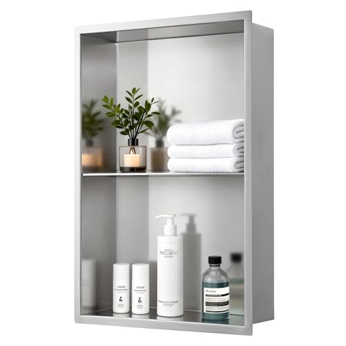 14x20 Inch Brushed Nickel Shower Niche, No Tile Needed Stainless Steel Recessed Bathroom Wall Niche with Double Shelves for Shower Storage - size: 14x20" - Brushed Nickel