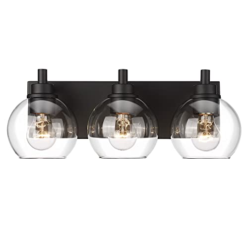 Bathroom Light Fixtures, 3-Light Matte Black Vanity Light, Modern Wall Sconces with Clear Glass Globe Shade, Bathroom Wall Lights for Mirror Kitchen Bedroom Hallway, VL195-MB-3 | 18" modern bathroom light fixtures over mirror, E26 base, bulbs not included