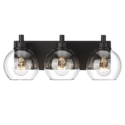 Bathroom Light Fixtures, 3-Light Matte Black Vanity Light, Modern Wall Sconces with Clear Glass Globe Shade, Bathroom Wall Lights for Mirror Kitchen Bedroom Hallway, VL195-MB-3 | 18" modern bathroom light fixtures over mirror, E26 base, bulbs not included