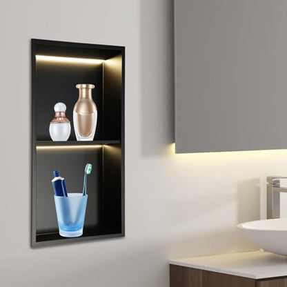 12x 24n Stainless Steel Shower Niche with LED Light, Black No Tile Needed Wall Niche with 2-Tier Shelves, Recessed Shower Shelf for Bathroom Storage, IP44 (12 * 24in LED) - size: 12*24in LED