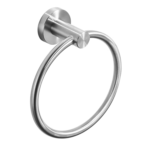 RUMOSE Brushed Nickel Bath Towel Ring Heavy Duty Round Hand Towel Holder Hanger for Bathroom & Kitchen, Stainless Steel Drill Free with Glue or Wall Mounted with Screws