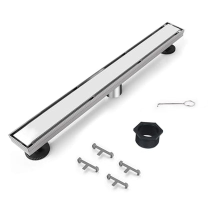 Linear Shower Drain 24 inch Brushed with Tile Insert Grate | AISI 304 Stainless Steel Brushed Linear Drain Rectangle Shower Floor Drain with Hair Strainer and Leveling Feet - color: Silver, size: 24 inch
