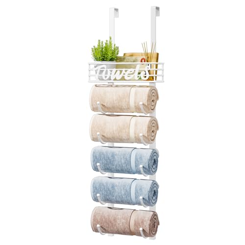 HapiRm Towel Racks for Bathroom Storage - 6 Tier Over The Door & Wall Mount Rolled Towel Storage Organizer Holder with Metal Shelf Basket for Small Bathroom, Camper, Rv - White, Patented - color: White, size: 6-Tier