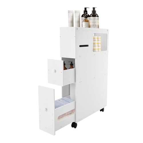 Narrow Bathroom Storage Cabinet with Wheels and Drawers, Slim Toilet Side Floor Cabinet, White Bathroom Organizer with Toilet Paper Holder for Small Spaces