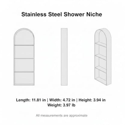Recessed Shower Niche Stainless Steel, 11.8 x 4.7 x 3.9 Inch Arched Wall Shelf for Bathroom Storage, Rust-Resistant Built-in Insert (1 Pack) - color: Metallic