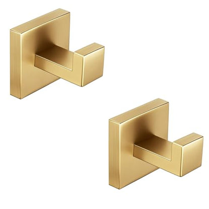 Nolimas Towel Hook Stainless Steel Bathroom Rustproof Clothes Towel Coat Hook Wall Mounted Square Toilet Kitchen, Heavy Duty Door Hanger, 2 Pack, Brushed Gold - color: Brushed Gold, size: 2 Pack