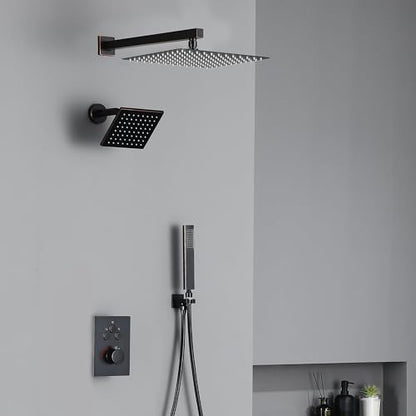 Thermostatic Dual Shower System, Shower Faucet(Oil Rubbed Bronze) | 12 Inch Shower Head, 6 Inch Wall Mount Head, High Pressure Handheld Sprayer, Push Button Valve - color: Oil Rubbed Bronze