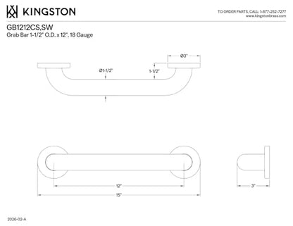 Kingston Brass GB1212CS Designer Trimscape Concealed Flange ADA 12-Inch Grab Bar with 1.5-Inch Outer Diameter, Stainless Steel - size: 12-Inch Grab Bar with 1.5-Inch Outer Diameter, style: GB1212CS -Concealed Flange