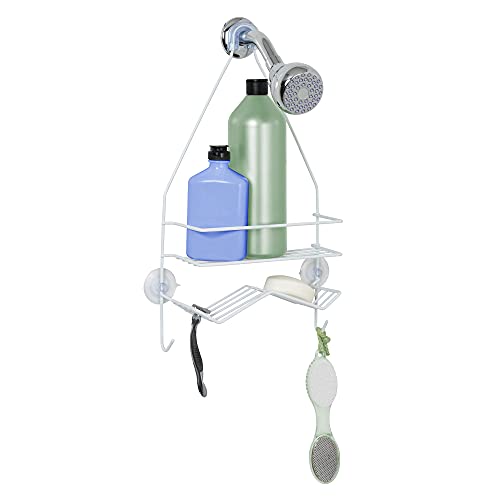 Zenna Home Rust Resistant Hanging Shower Caddy, Over the Shower Head Caddy with 1 Wide Shelf and Built In Soap Dish, Steel Bathroom Hanging Organizer, White - size: 1 Shelf and Soap Dish, style: Wide