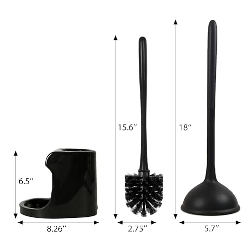 Toilet Plunger and Brush Set with Holder, 2 in 1 Bathroom Cleaning Combo, Heavy Duty Plunger with Suction Cup and Deep Cleaning Brush, Space Saving Caddy for Bathroom Organization, Black