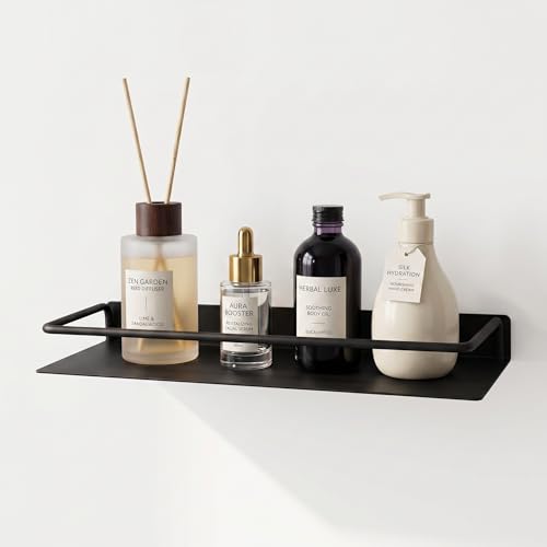 RFOUO 16 Inch Small Metal Wall Shelf with Guard Rail,Black,1 Pack | Small Bathroom Shelf, Wall Mounted, Aluminum Floating Shelf, For Toothbrush Perfume Spice,Bathroom Bedroom Kitchen - color: Black, size: 16Inch